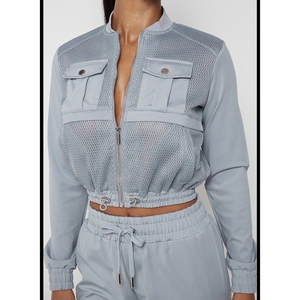 Maniere De Voir Womens Cropped Mesh Jacket Sz 12 Light Blue Zip Front